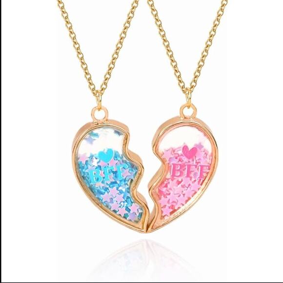 BFF Heart Necklace Set Blue Pink Best Friends Matching Pendant Gold Chain Cute - Picture 3 of 6
